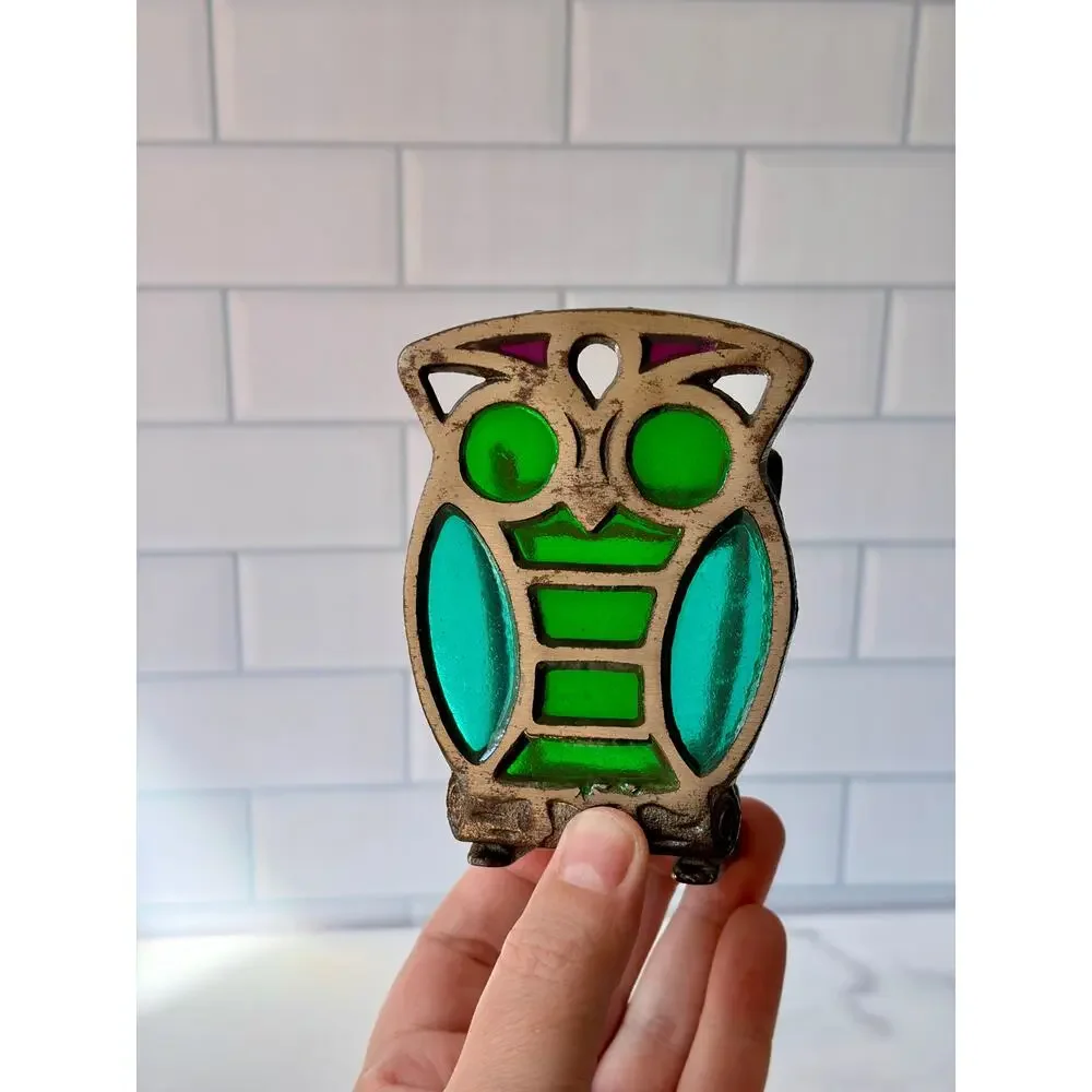 Vintage Cast Metal Owl Napkin Holder | Faux Stained Glass Adjustable Clamp